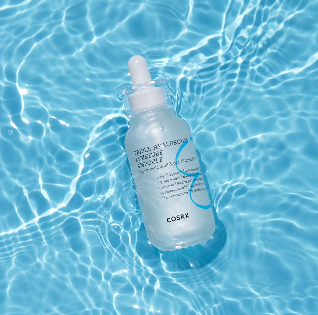 COSRX Hydrium Triple Hyaluronic Moisture Ampoule with three types of hyaluronic acid for deep hydration and plump glowing skin