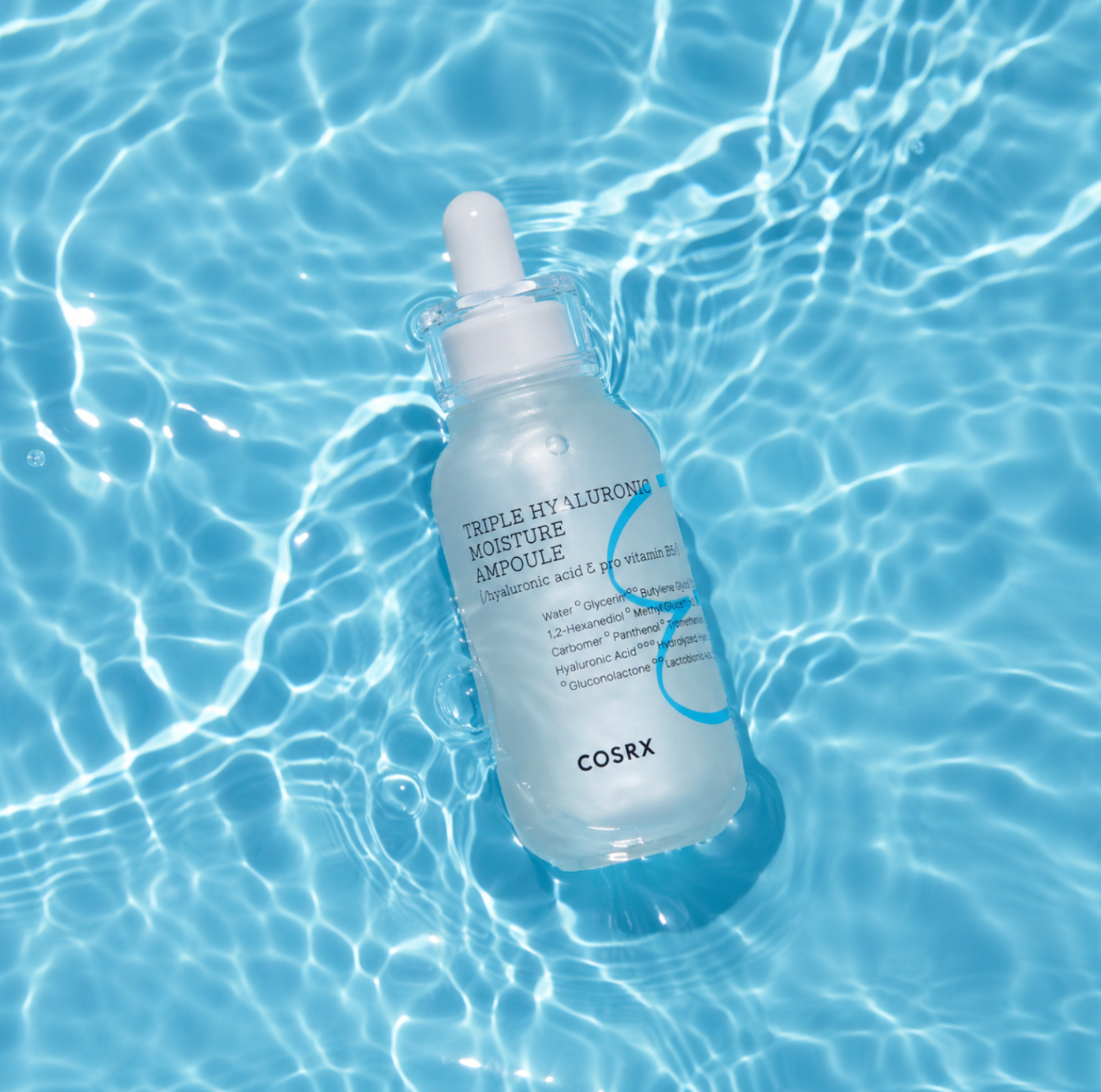 COSRX Hydrium Triple Hyaluronic Moisture Ampoule with three types of hyaluronic acid for deep hydration and plump glowing skin