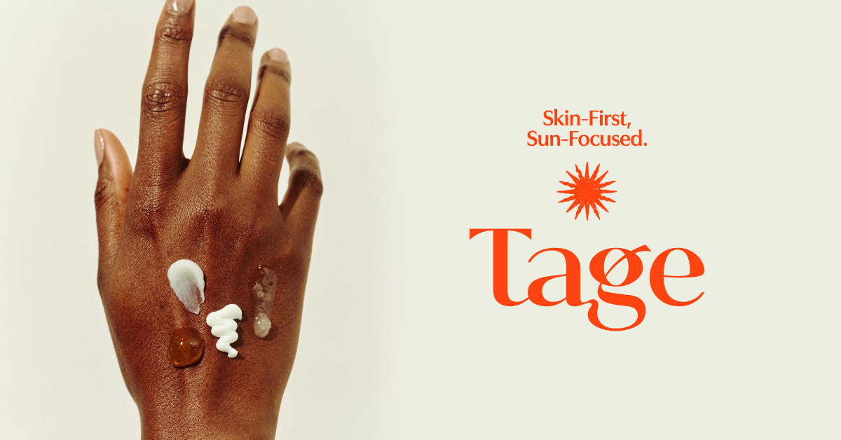 TAGE Korea skincare Skin-First Sun-Focused campaign image with Korean sunscreen and skincare textures on hand