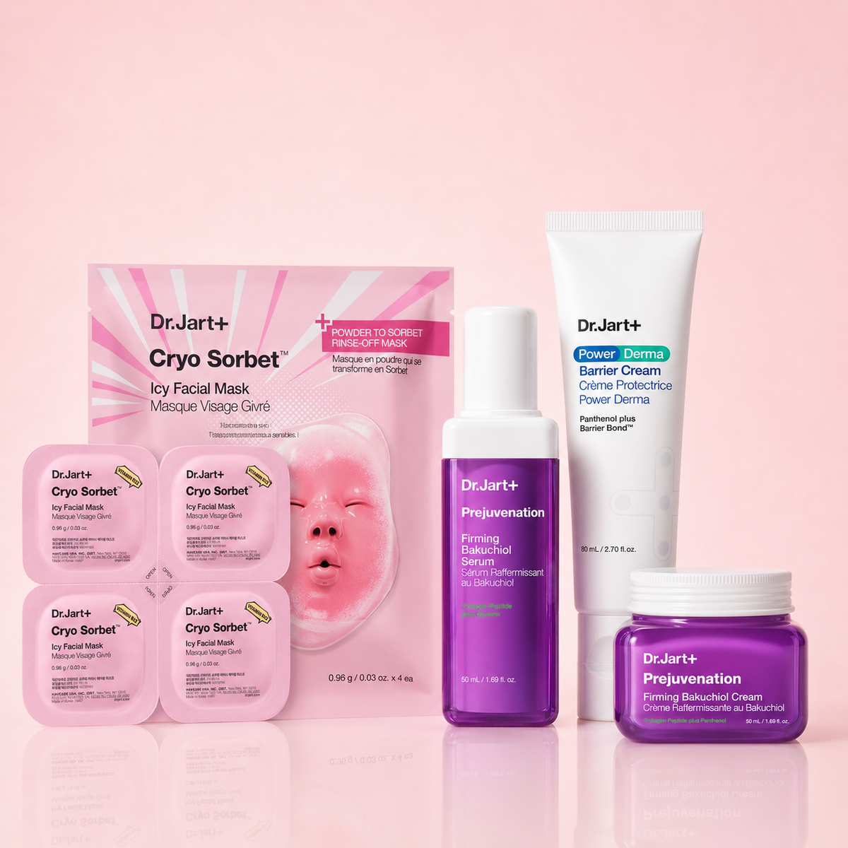 Dr.Jart+ skincare collection featuring Prejuvenation Firming Bakuchiol Serum, Firming Bakuchiol Cream, Cryo Sorbet Facial Mask and Power Derma Barrier Cream for firmer and healthier-looking skin.