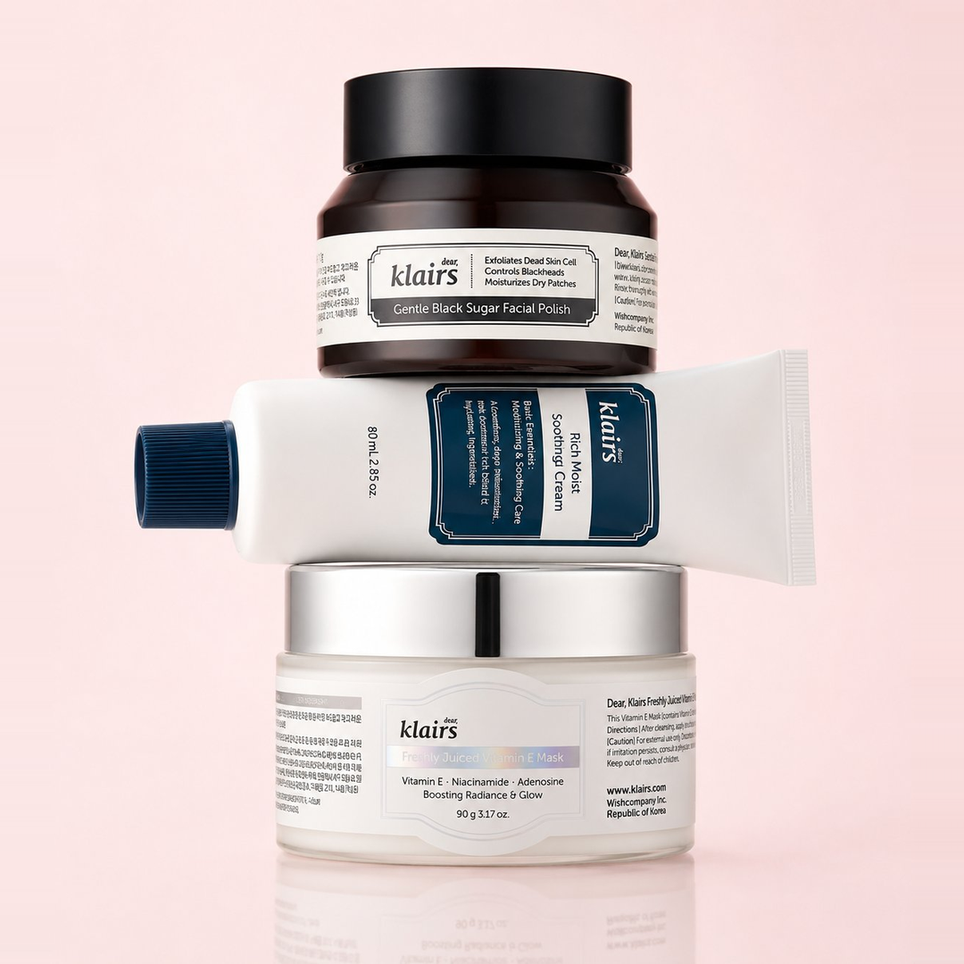 Dear Klairs skincare routine featuring Rich Moist Soothing Cream, Freshly Juiced Vitamin E Mask and Gentle Black Sugar Facial Polish for hydrated and glowing skin.