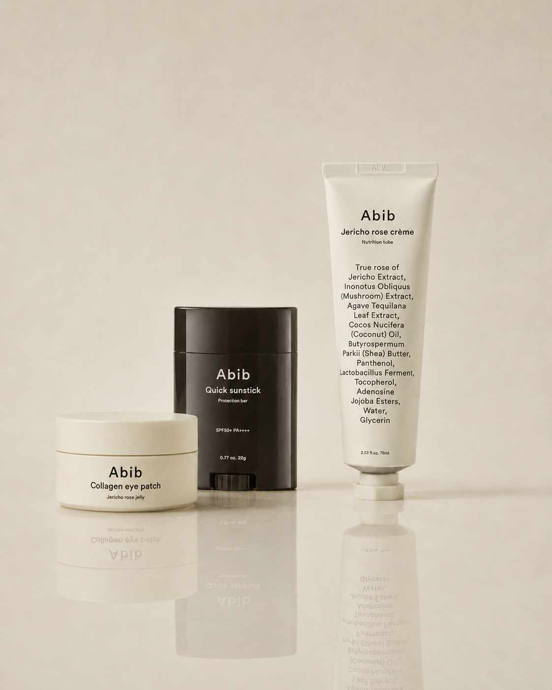 Abib skincare collection featuring Jericho Rose Cream Nutrition Tube, Quick Sunstick Protection Bar and Collagen Eye Patch for hydration, nourishment and daily UV protection