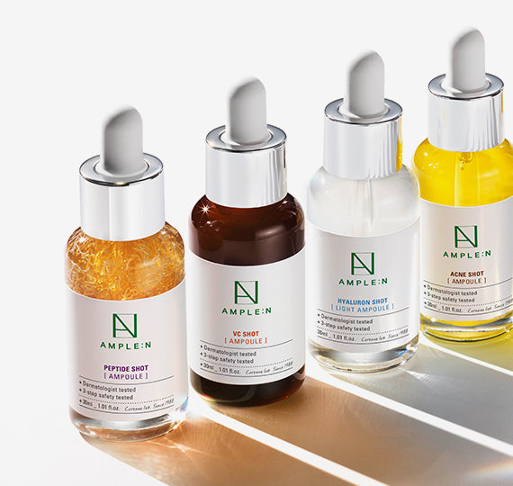 Ample:N koreansk hudvård med peptidserum, kollagenampuller och återfuktande produkter som förbättrar hudens elasticitet och lyster.