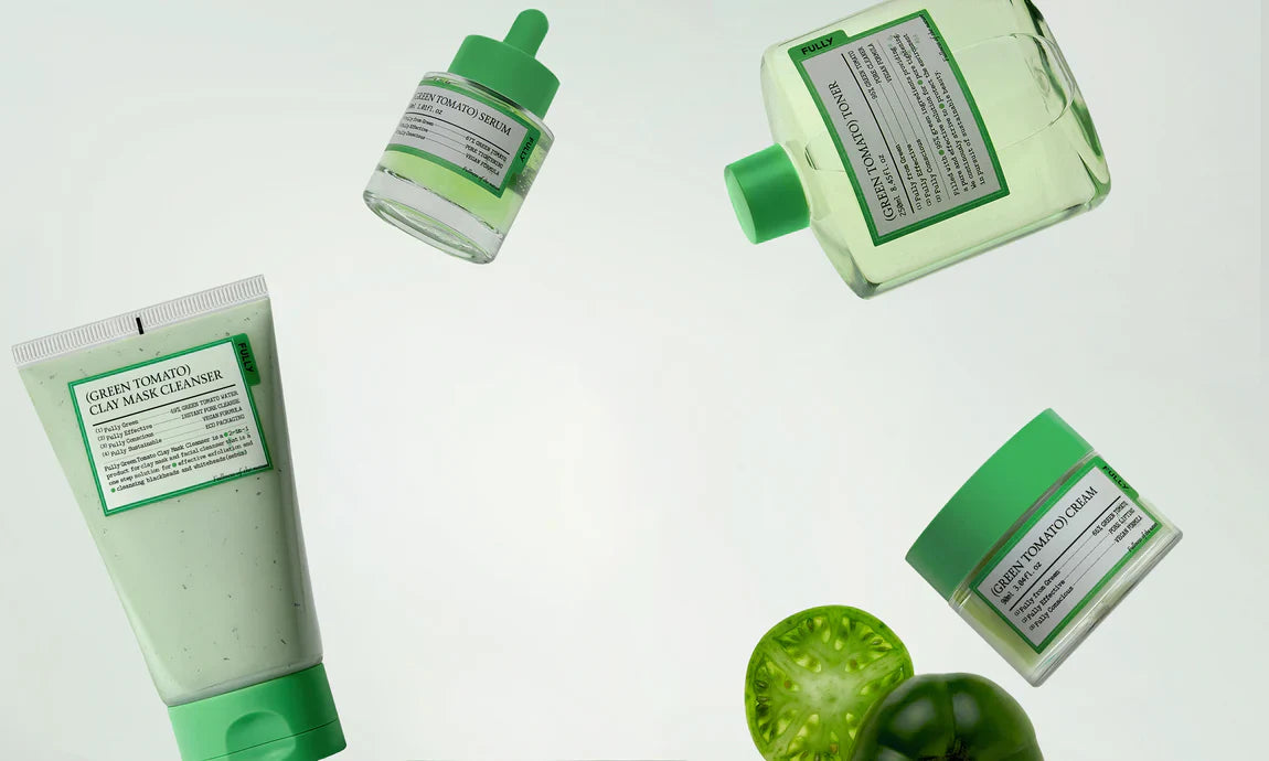 FULLY koreansk hudvård med Green Tomato-serien – toner, serum, rengöring och ansiktskräm för återfuktad och strålande hud.
