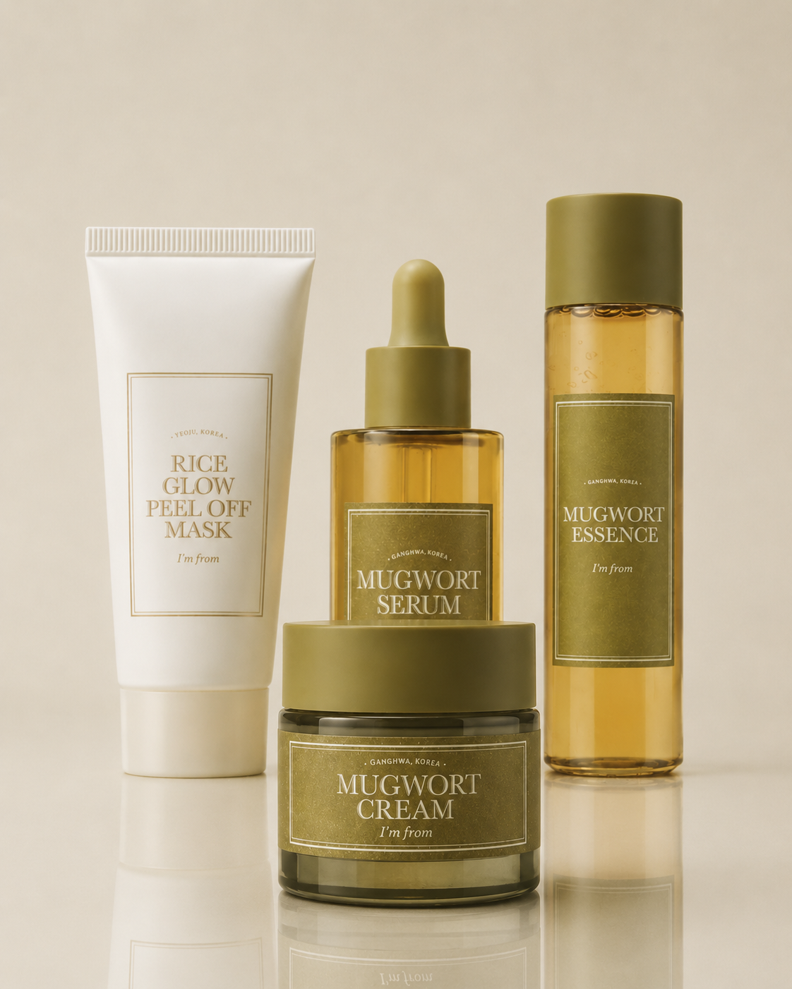 I'm From Mugwort skincare collection featuring Mugwort Essence, Mugwort Serum, Mugwort Cream and Rice Glow Peel Off Mask for soothing and revitalizing skin.