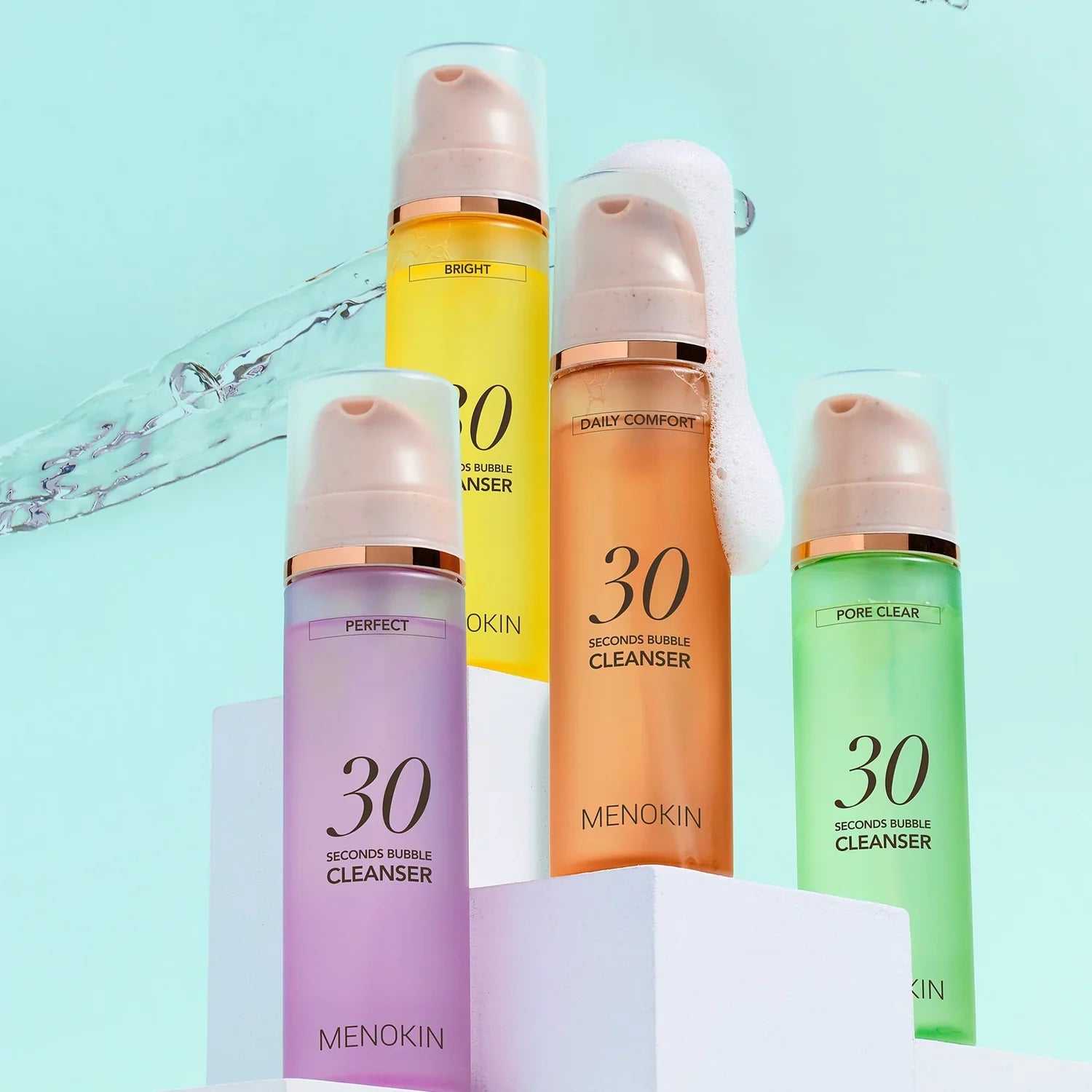 MENOKIN 30 Seconds Bubble Cleanser i fyra varianter – innovativa koreanska ansiktsrengöringar med bubbelteknologi för återfuktad, klar och strålande hud.