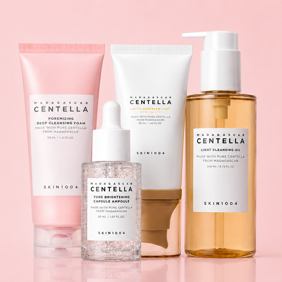 SKIN1004 Madagascar Centella skincare collection featuring Light Cleansing Oil, Tone Brightening Capsule Ampoule, Poremizing Deep Cleansing Foam and Air-Fit Suncream Light.