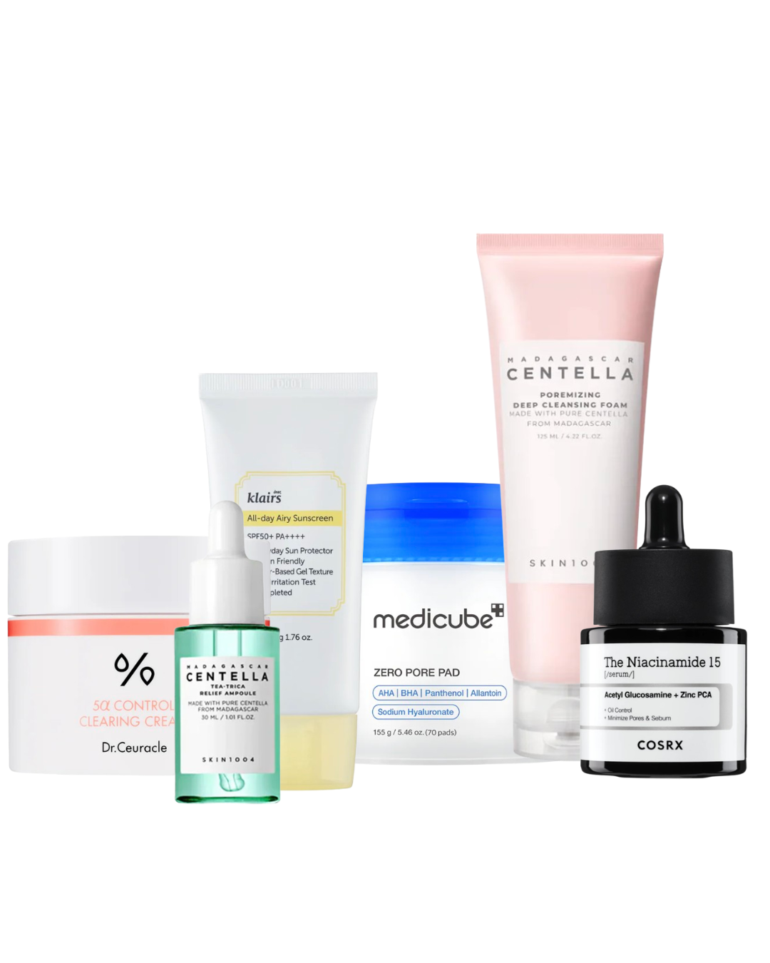 Hudvårdskit för oljig och aknebenägen hud med rengöring, exfoliering, serum, kräm och SPF för klarare hud och mindre porer