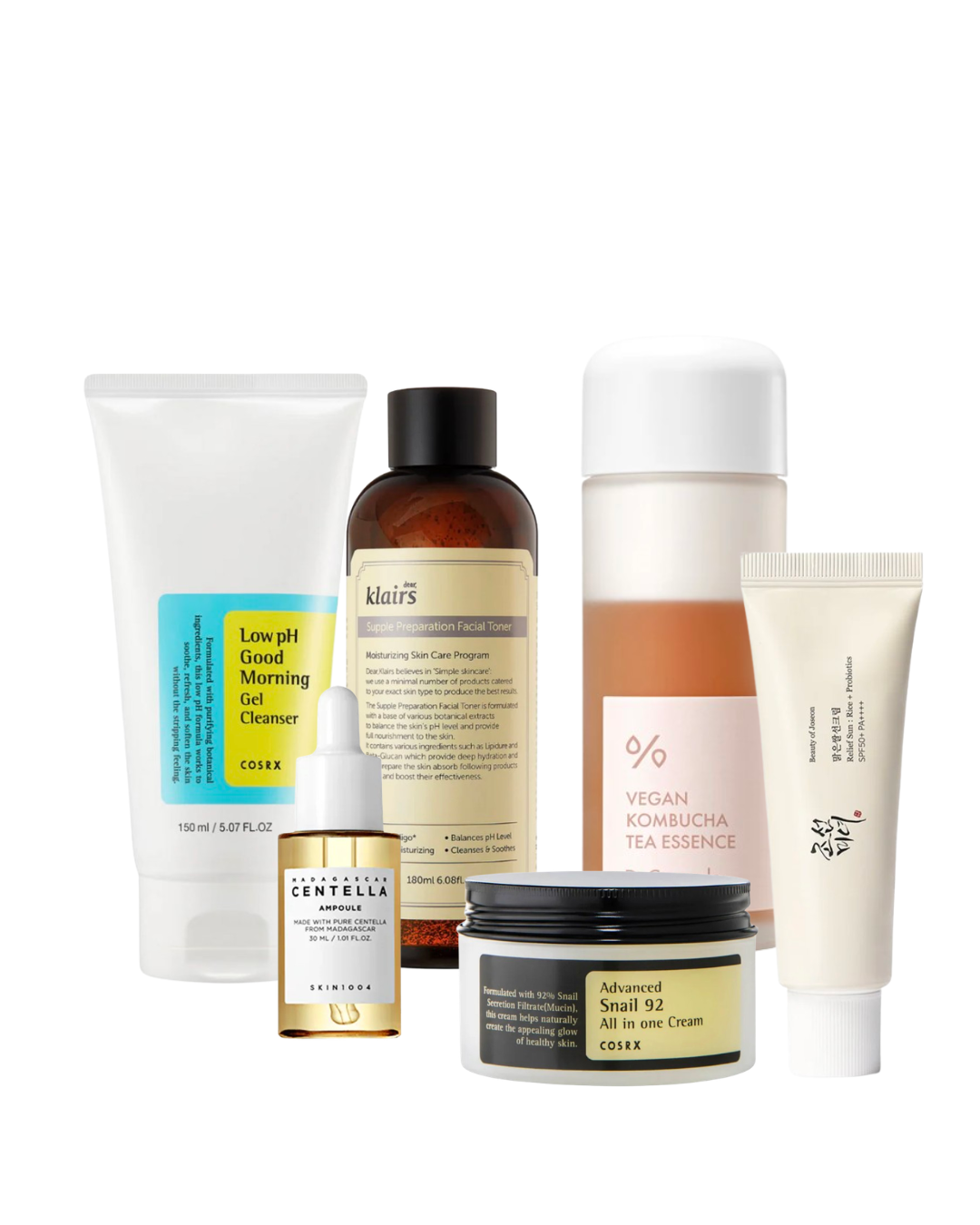 Hudvårdskit för normal hud med cleanser, toner, essence, serum, kräm och SPF för återfuktning och naturlig lyster