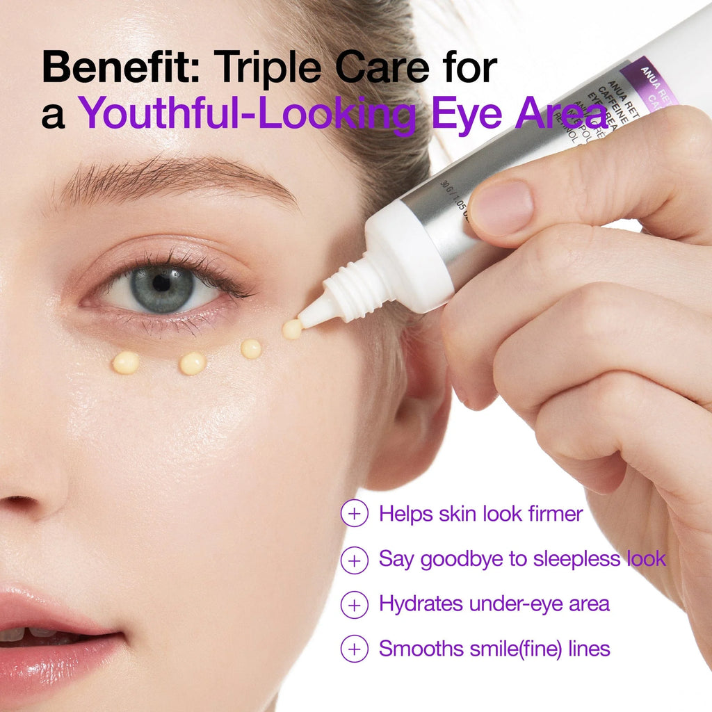 Anua eye cream as part of Korean skincare nighttime routine for anti aging