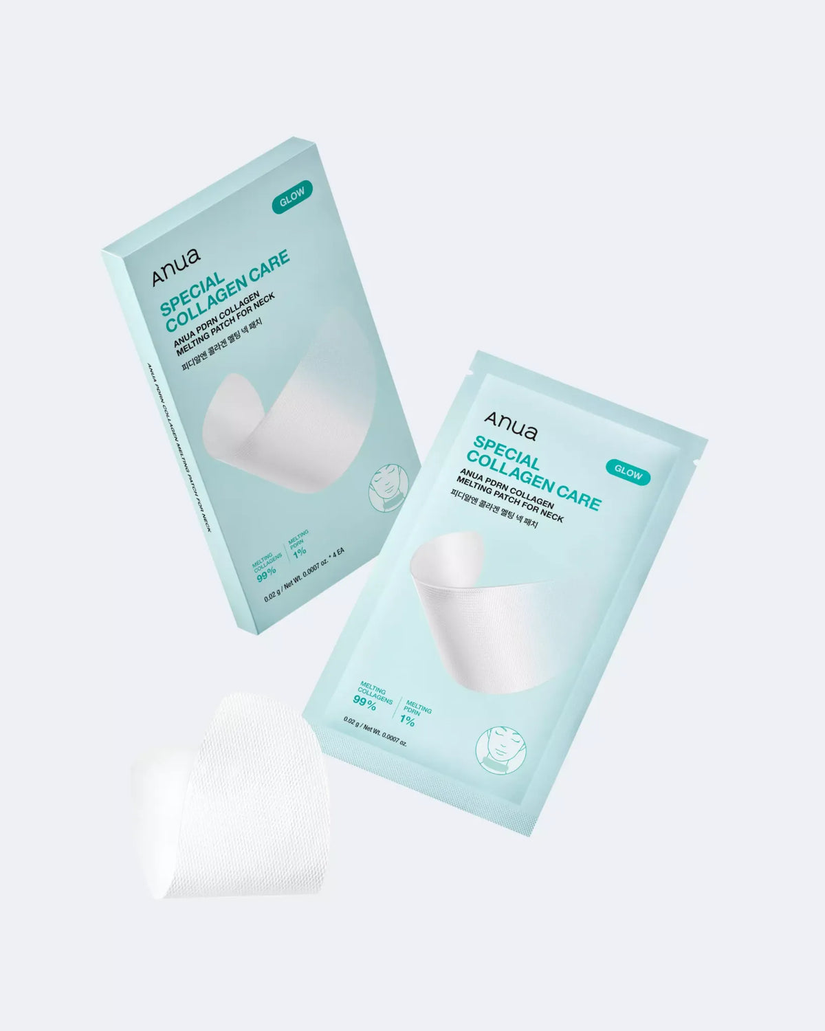 Förpackning och individuellt paket med ANUA PDRN Collagen Melting Neck Patch