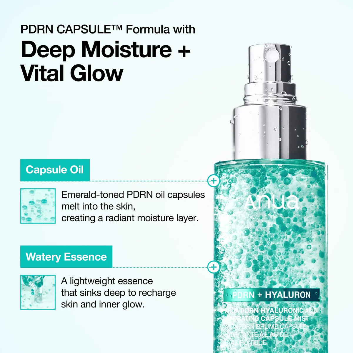 Anua PDRN Hyaluronic Acid Hydrating Capsule Mist med återfuktande kapslar och lätt essence