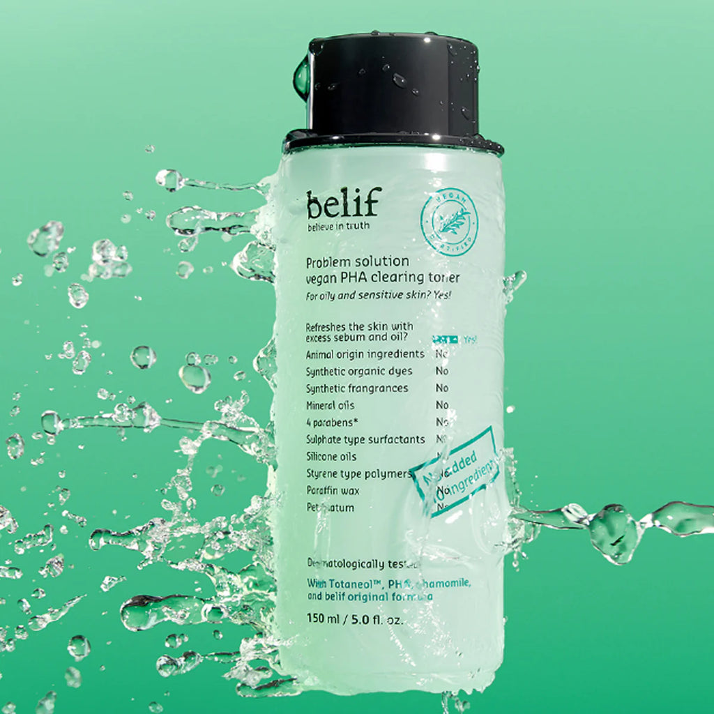 Applying Belif Problem Solution Vegan PHA Toner on acne prone skin