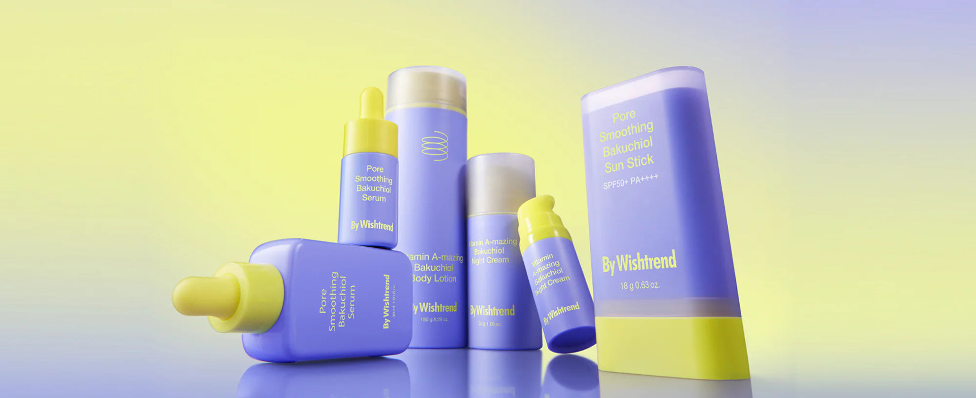 By Wishtrend Bakuchiol skincare collection featuring Pore Smoothing Bakuchiol Serum, Night Cream, Body Lotion and Sun Stick for smoother and firmer-looking skin.