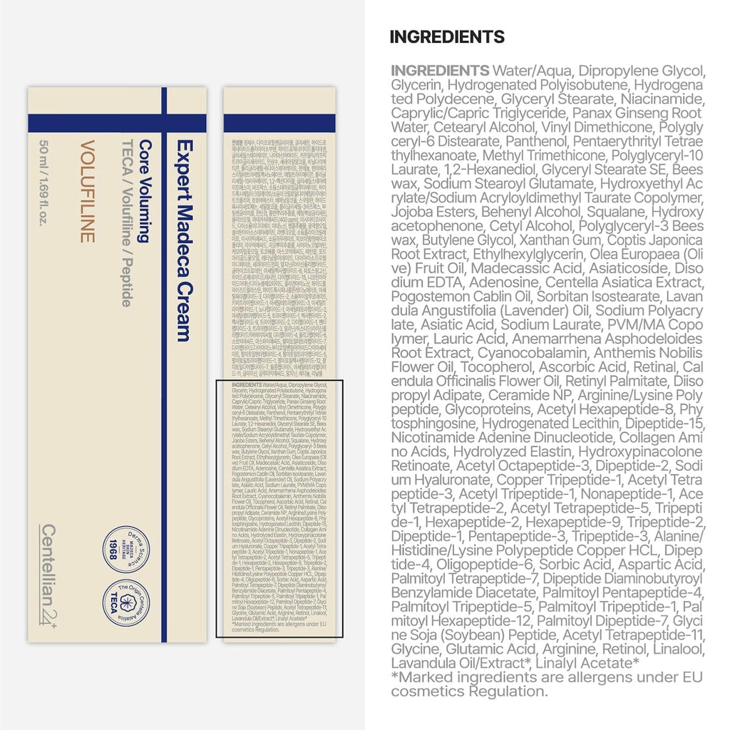Emballasje og ingrediensliste for Centellian24 Core Voluming Cream