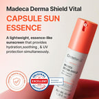 Centellian24 Madeca Derma Shield Sun Essence, lätt solkräm som absorberas snabbt och skyddar huden mot solskador.