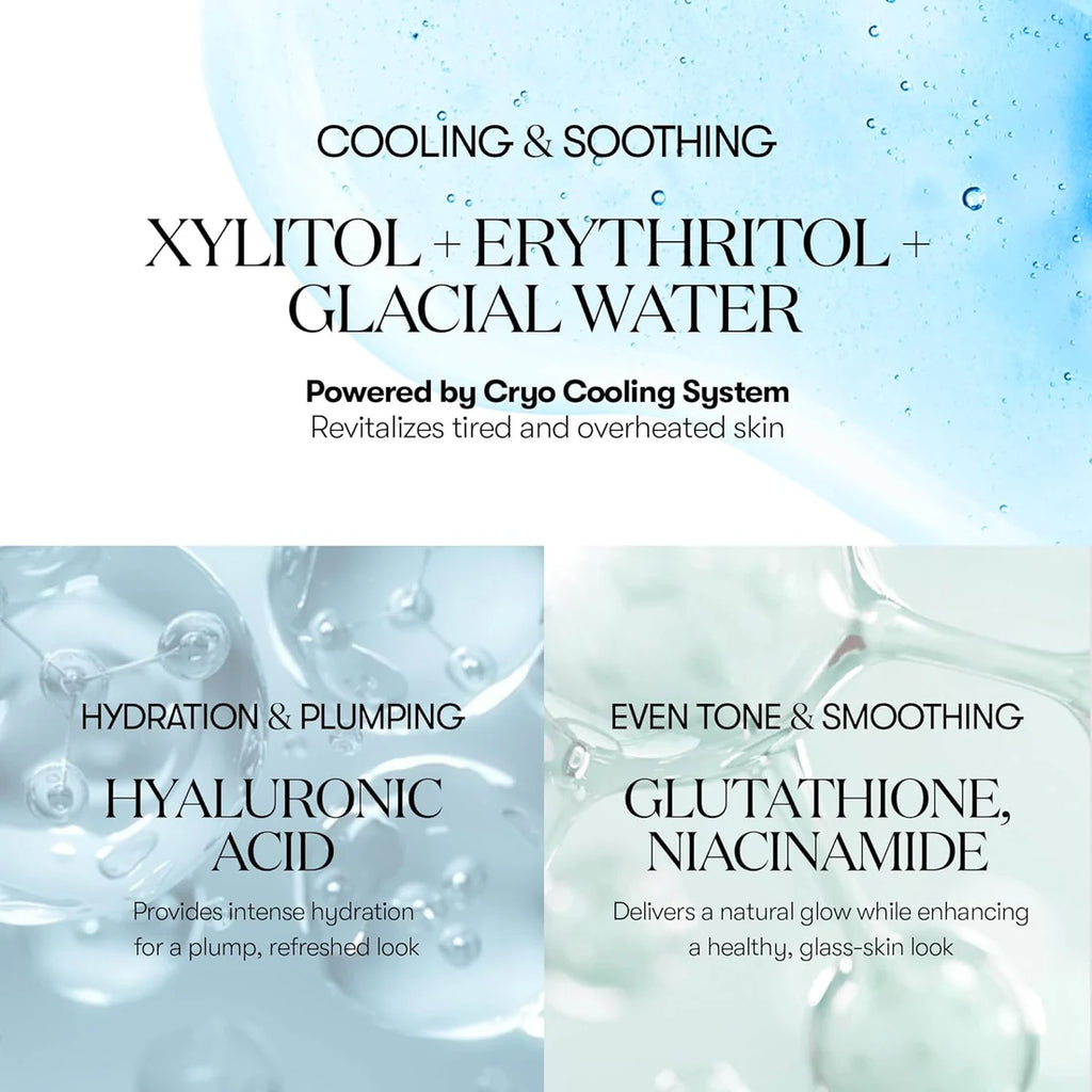 Cooling face mask with glacial water and refreshing hydration