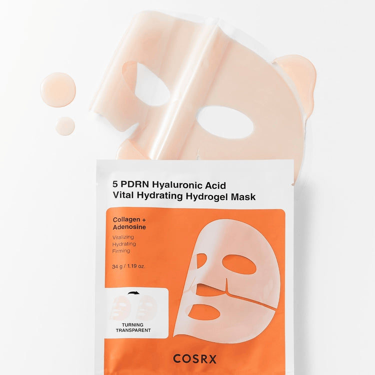 COSRX 5 PDRN Hyaluronic Acid Hydrogel Mask med hydrogelmask och förpackning
