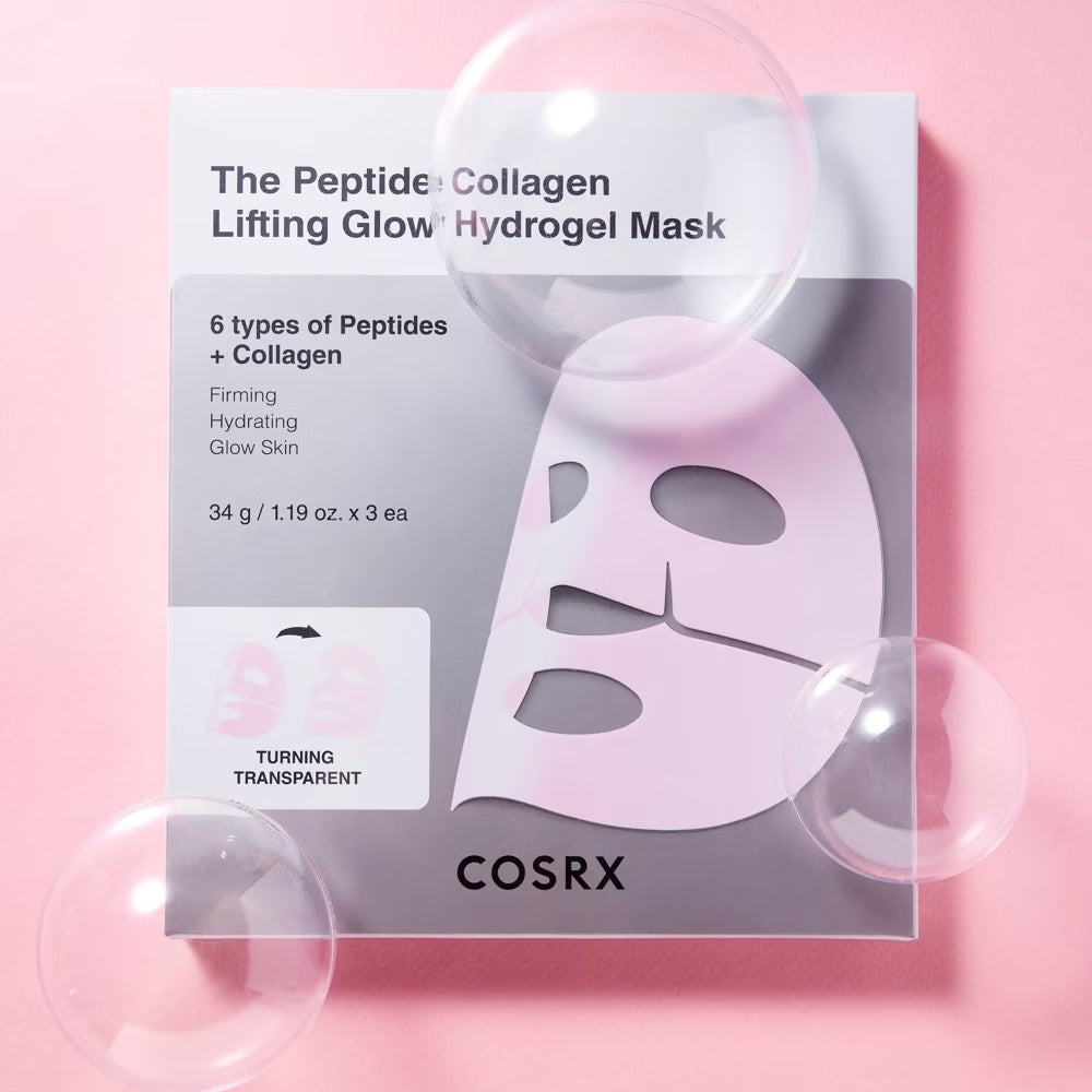 COSRX Peptide Collagen Lifting Glow Hydrogel Mask 3-pack on a pink background