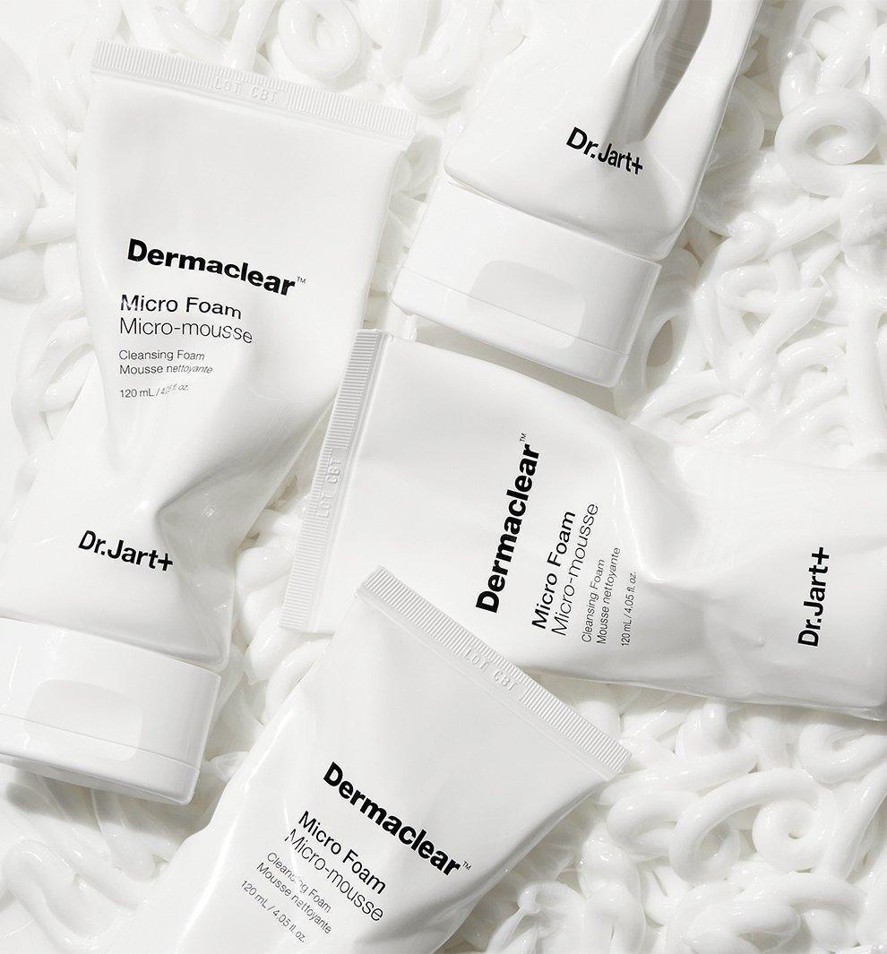Dr.Jart+ Dermaclear Cleansing Foam applied on hand showing creamy texture gentle Korean facial cleanser