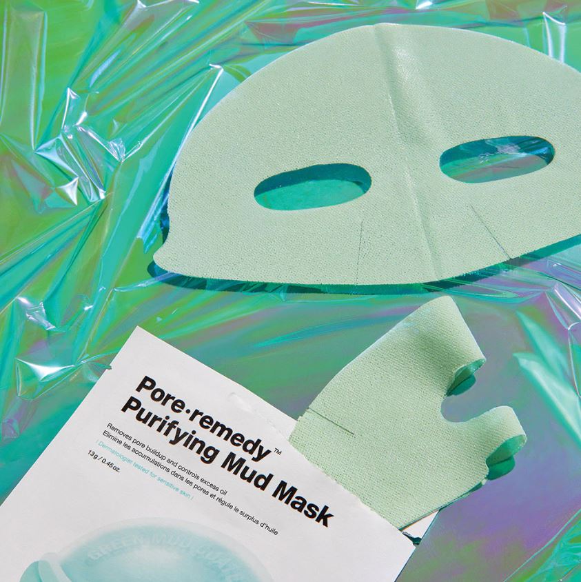 Dr.Jart+ Pore Remedy Mud Sheet Mask unfolded and ready to apply