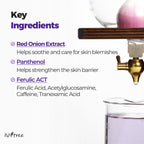 Nyckelingredienser i Isntree Onion Newpair Ampoule Plus: rödlöksextrakt, panthenol och Ferulic ACT