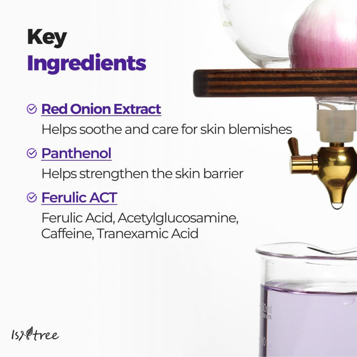 Nyckelingredienser i Isntree Onion Newpair Ampoule Plus: rödlöksextrakt, panthenol och Ferulic ACT