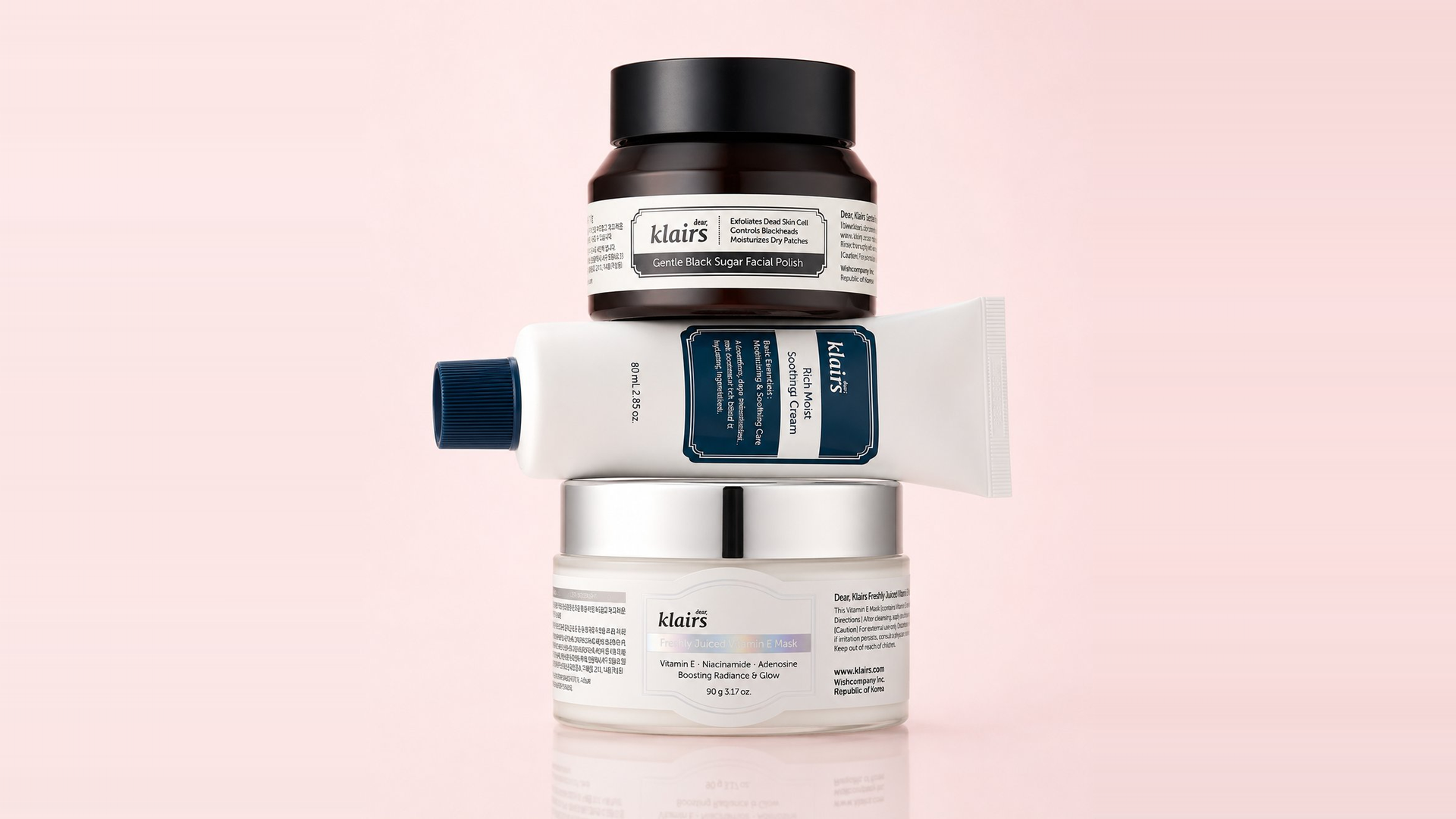 Klairs K-beauty skincare set with Black Sugar Facial Polish, 
Rich Moist Soothing Cream and Freshly Juiced Vitamin E Mask 
— Korean Cosmetics