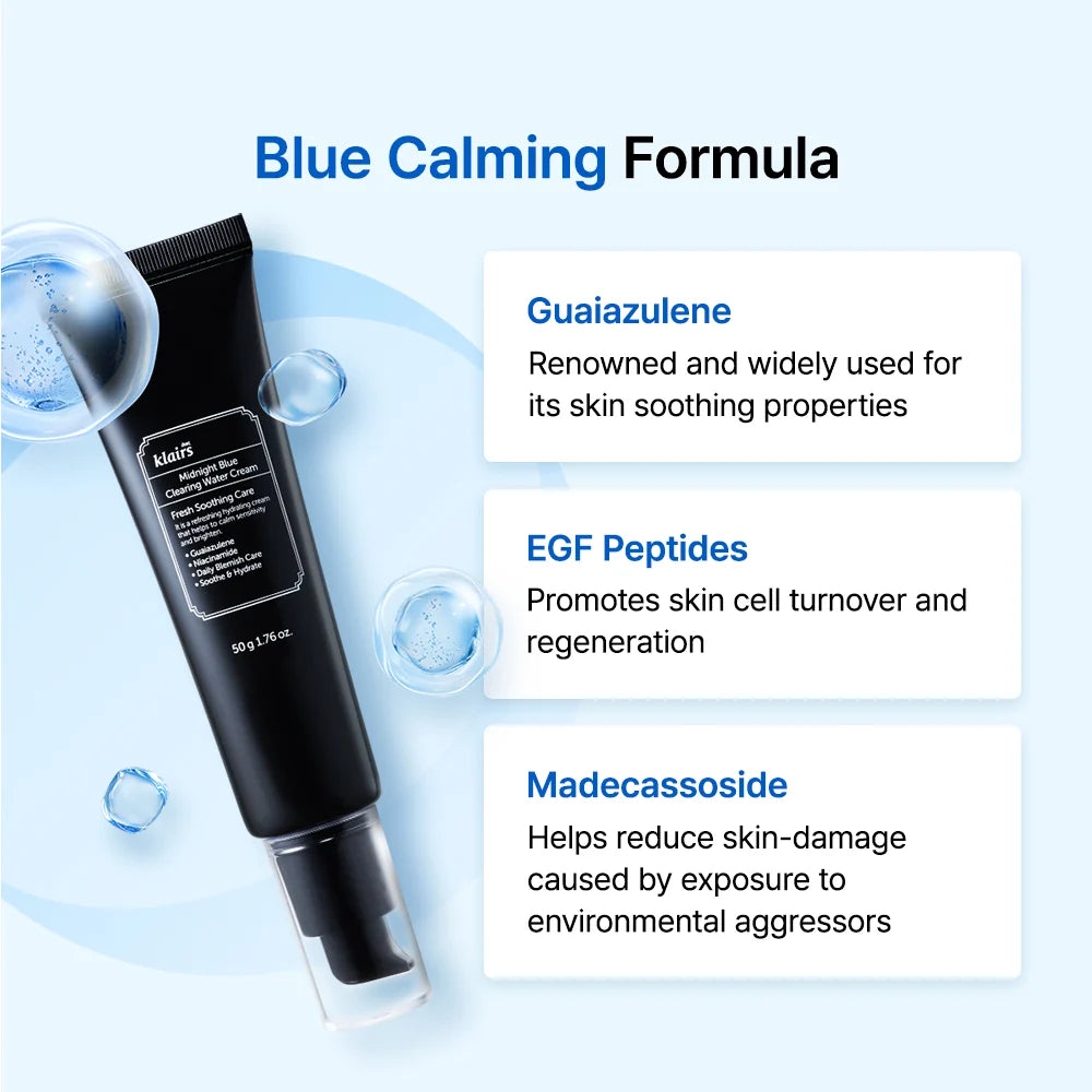 Guaiazulene EGF och madecassoside i Klairs Midnight Blue Water Cream