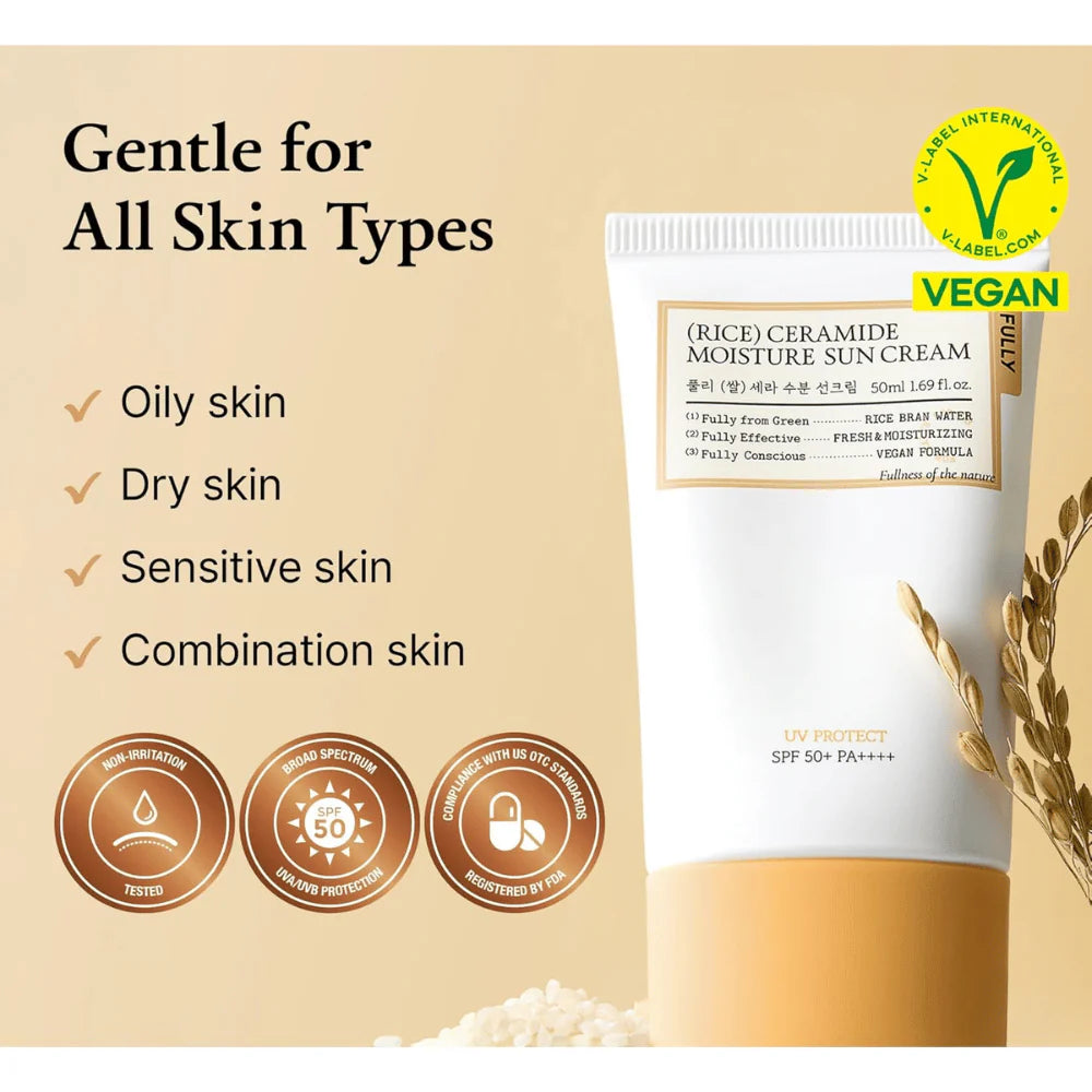 FULLY Rice Ceramide Sunscreen med återfuktande formula som fungerar perfekt under makeup
