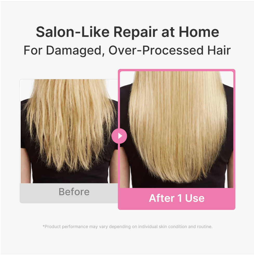 Före och efter användning av Medicube Rosemary PDRN Damage Care Hair Mask