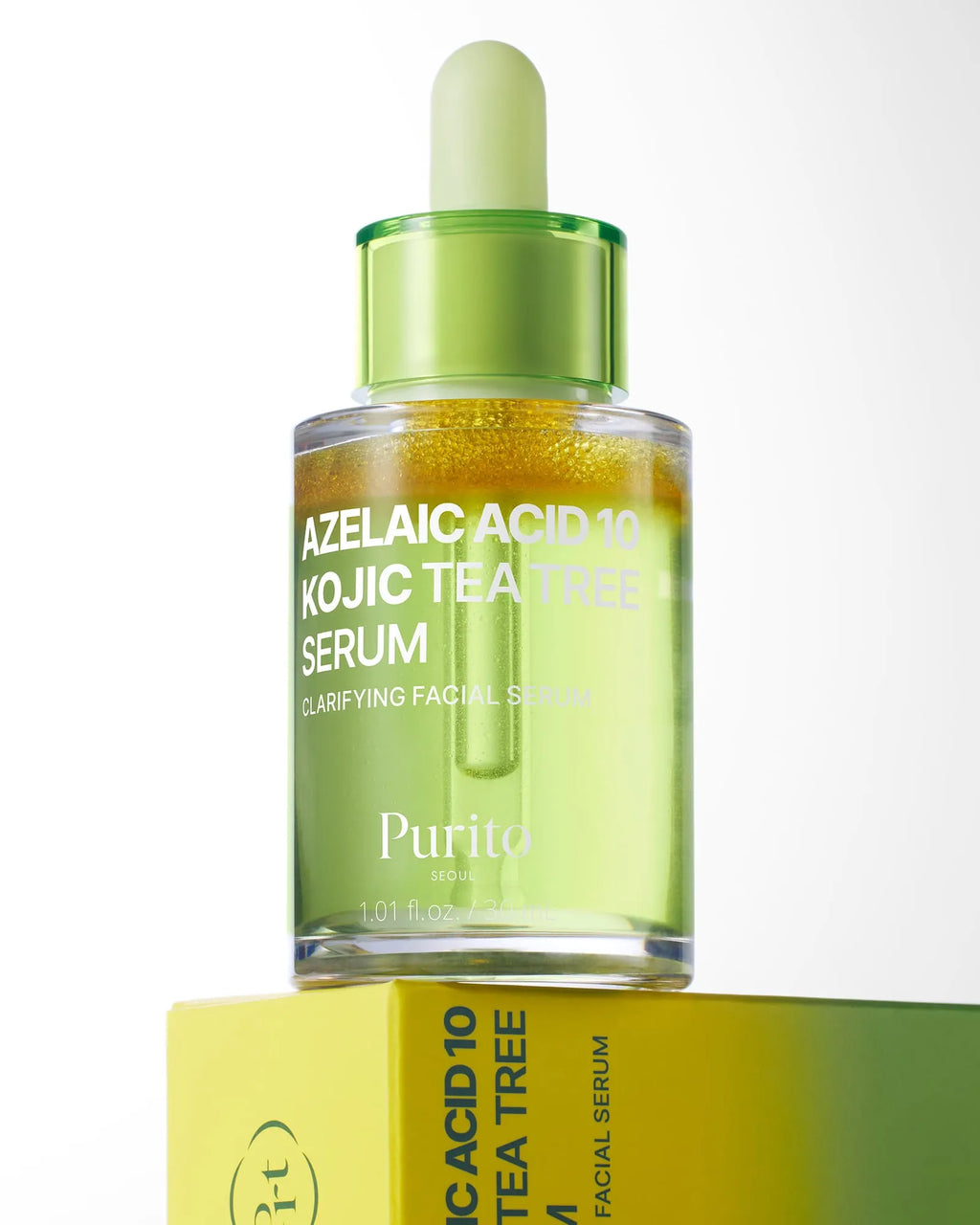 Två flaskor PURITO Azelaic Acid 10 Serum med pipett och serumtextur