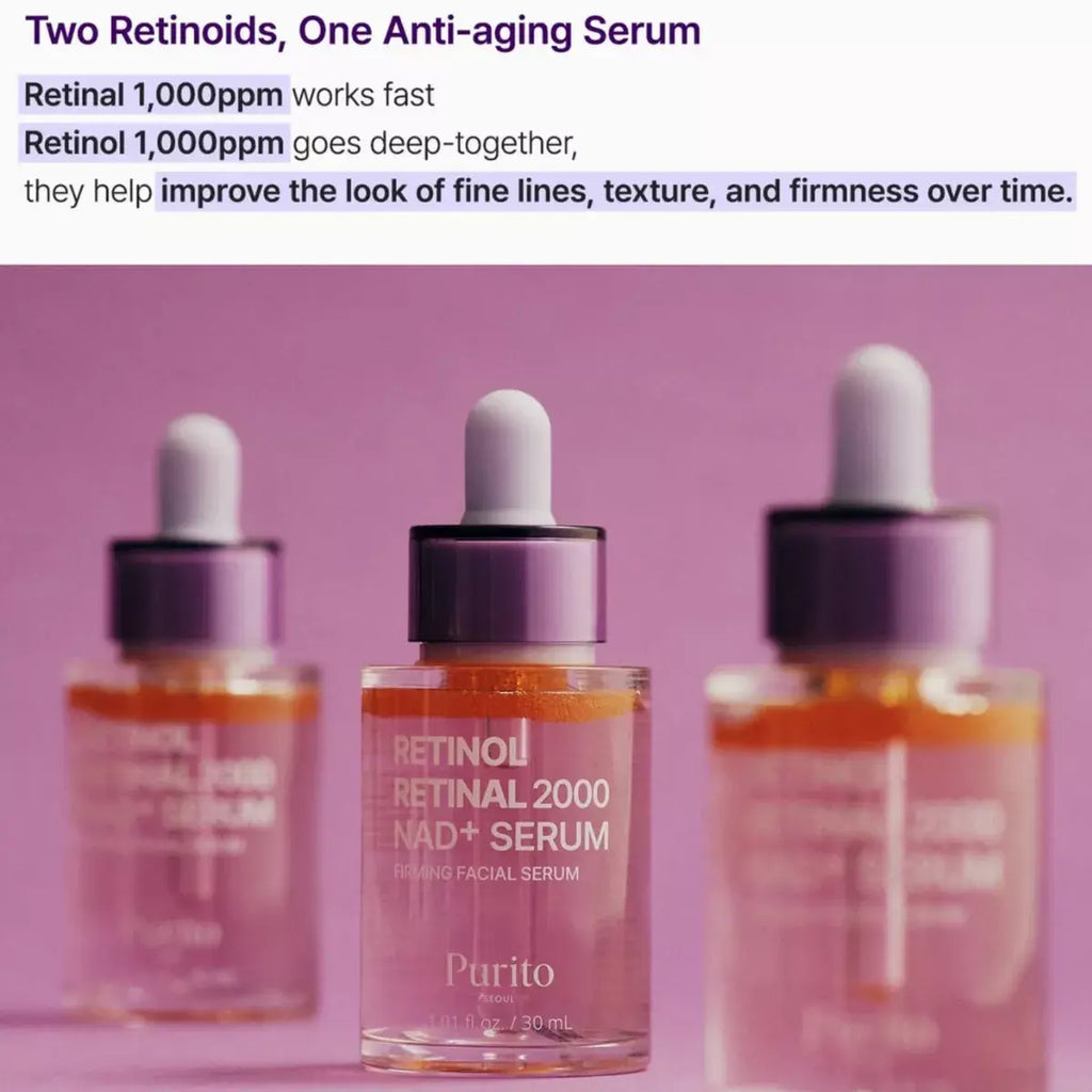 PURITO-serum med 1 000 ppm retinol och 1 000 ppm retinal för fina linjer och hudstruktur