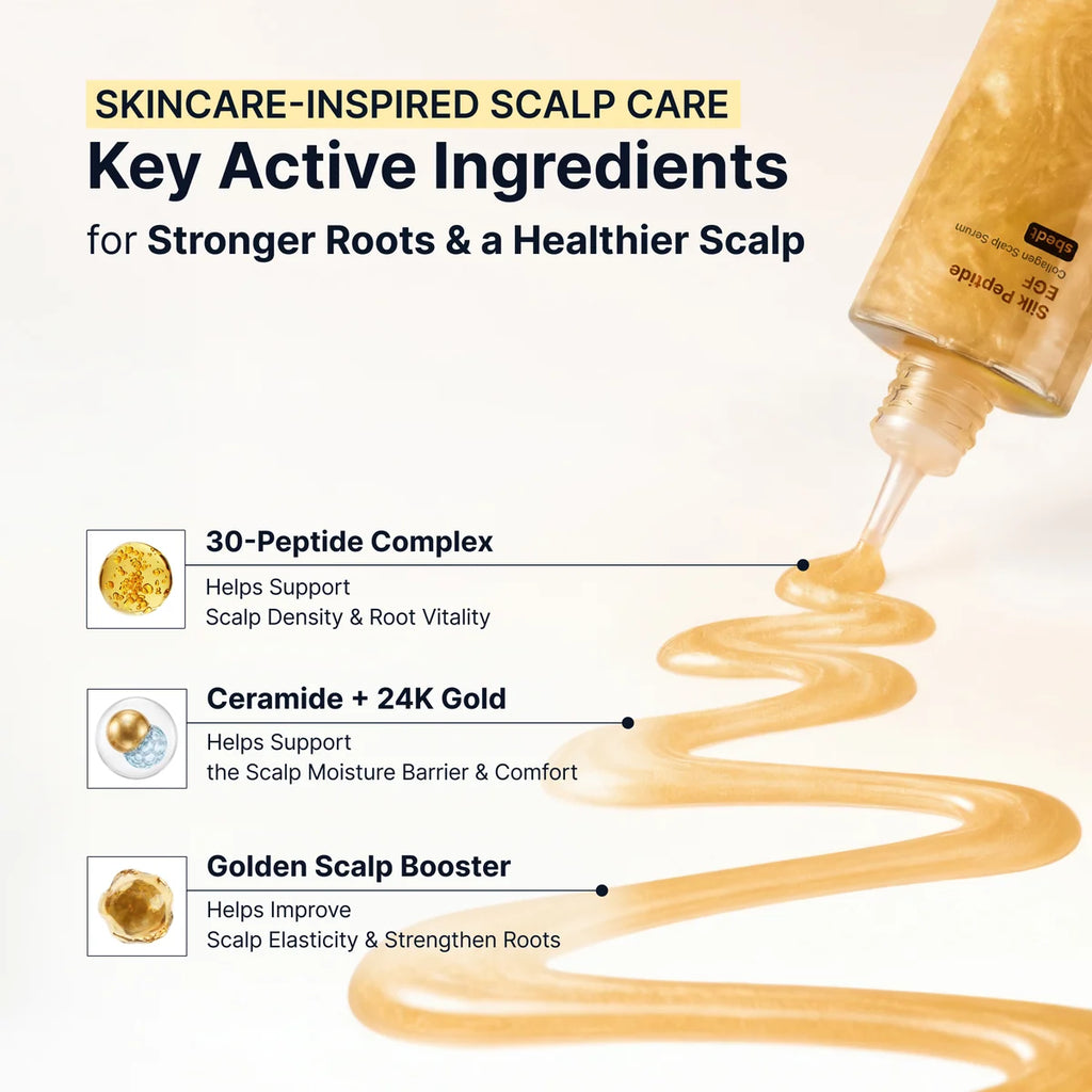 Nyckelingredienser i scalp serum med peptider, ceramid och 24K guld